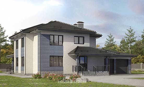 340-005-П Проект двухэтажного дома и гаражом, огромный коттедж из газобетона Райчихинск | Проекты домов от House Expert
