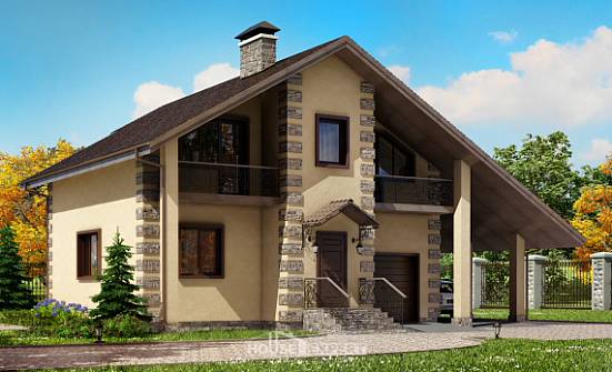 150-003-П Проект двухэтажного дома с мансардой и гаражом, простой коттедж из твинблока Тында | Проекты домов от House Expert