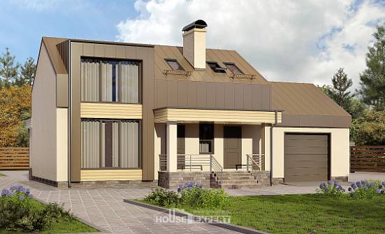150-015-Л Проект двухэтажного дома мансардой, гараж, небольшой загородный дом из твинблока Райчихинск | Проекты домов от House Expert